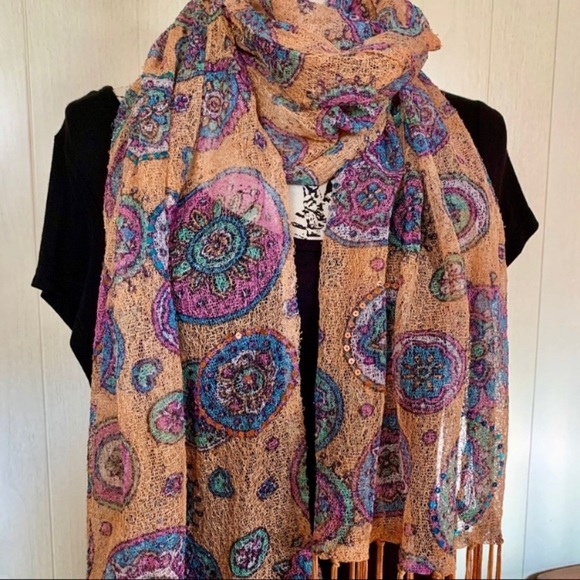 Netted Mandala Print Sequined Tassel Scarf - Picture 2 of 8